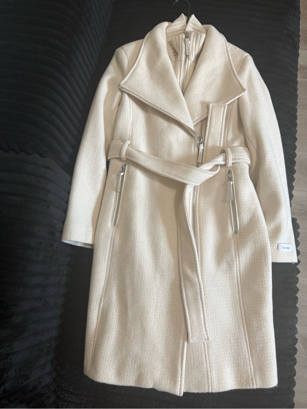 Calvin Klein Women's Cream Belted Wool Trench Coat with Asymmetric Zip